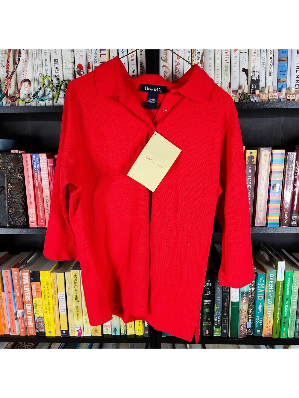 Denim & Co Red Polo Shirt Women's Small 3/4 Sleeve 100% Cotton Collared Top